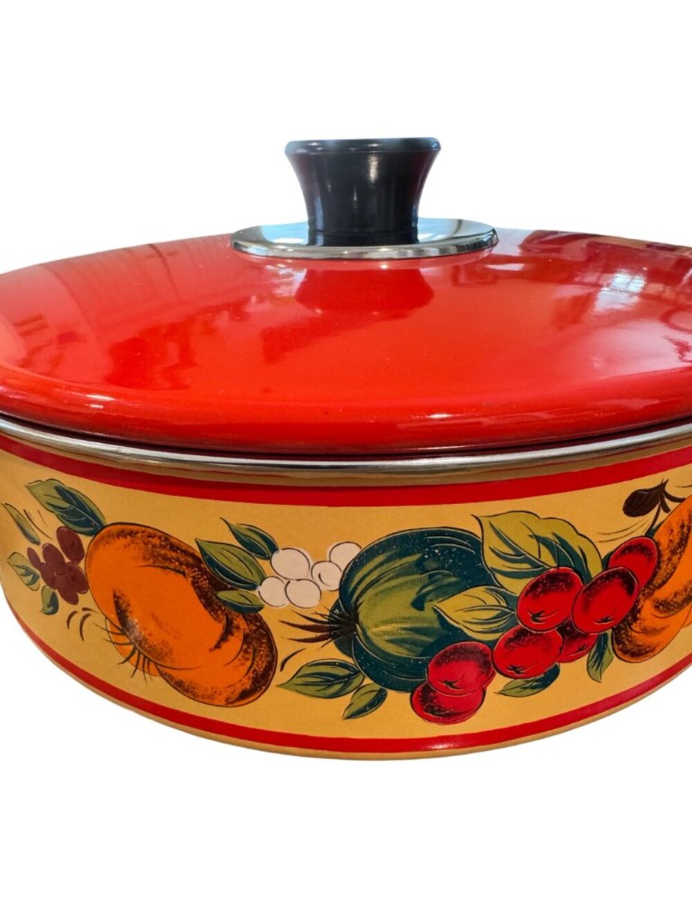Fancipan Enamel Saucepan Lid Red Vegetable Design Metal Handle Kitchen Decor Vtg - Picture 8 of 16